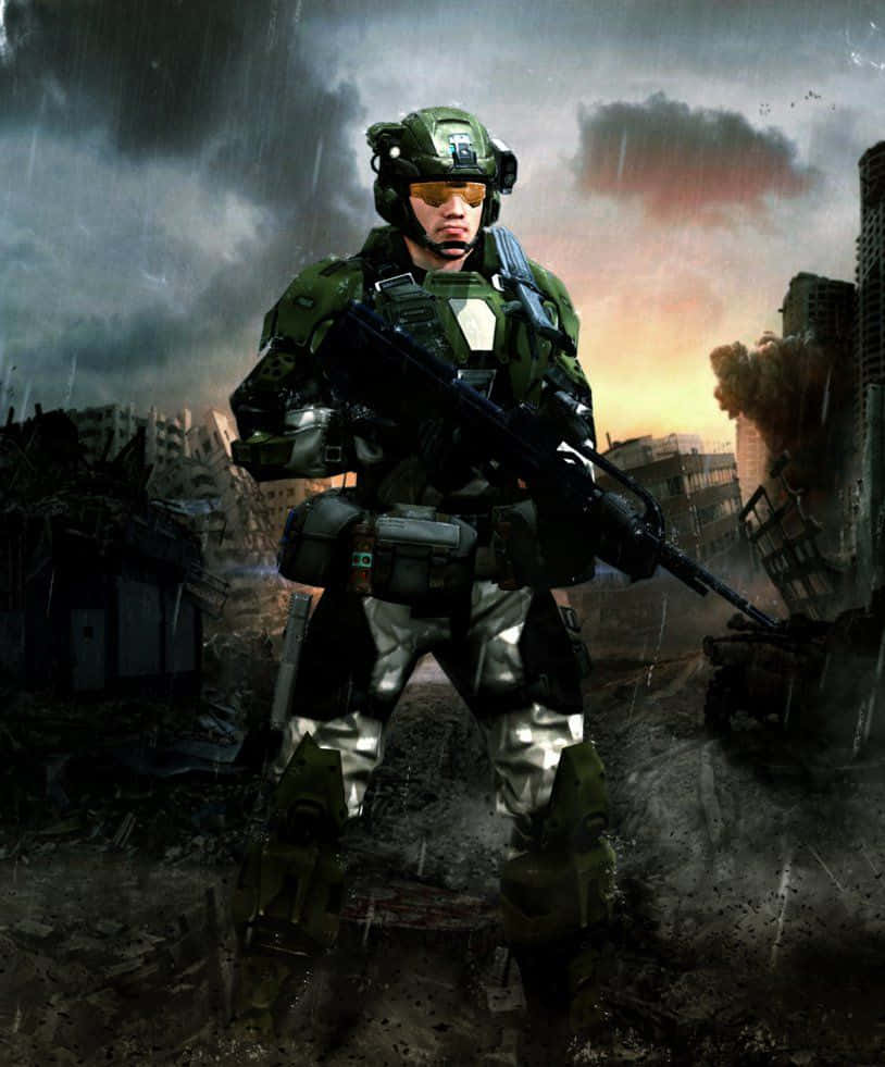 UNSC Spartan Soldier in Action on a Halo Battlefield Wallpaper