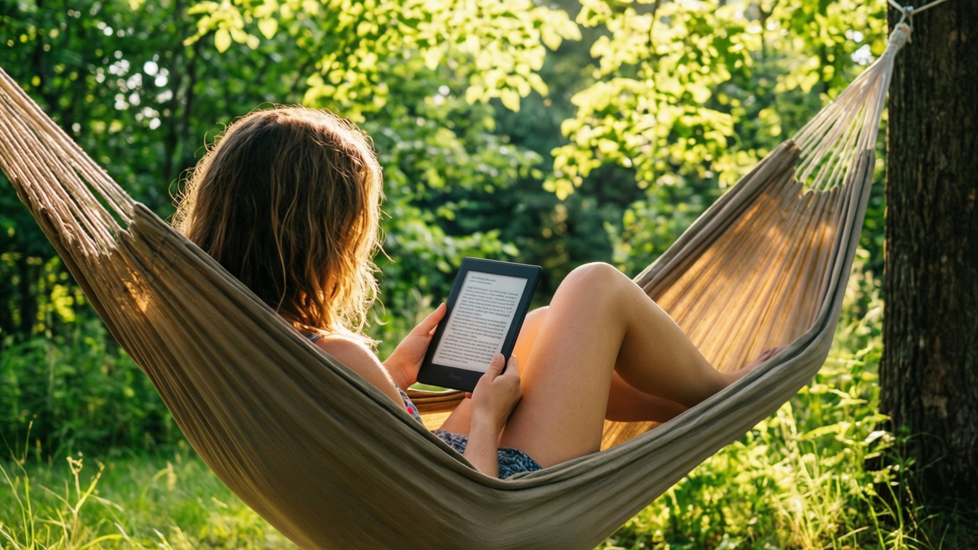En afslappende sommerscene med læsning på en Kindle i en hængekøje.