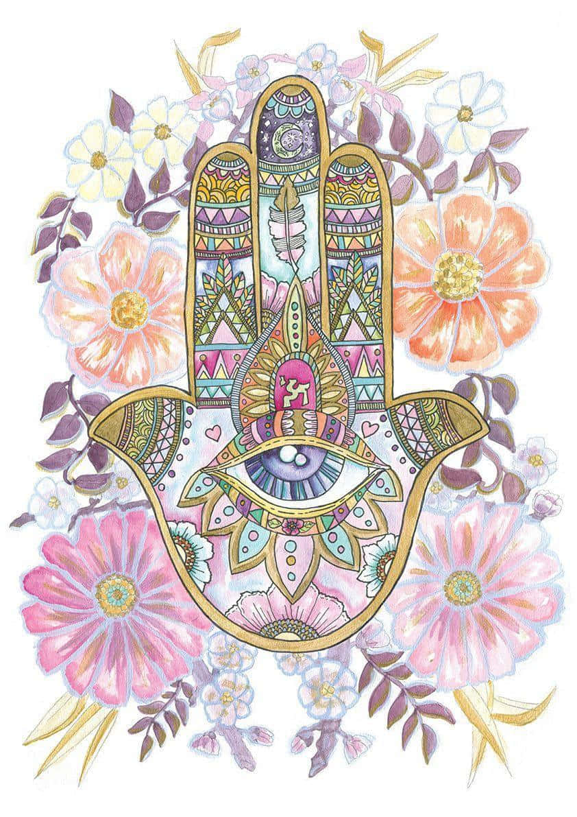A vibrant Hamsa hand symbol on a colorful background Wallpaper