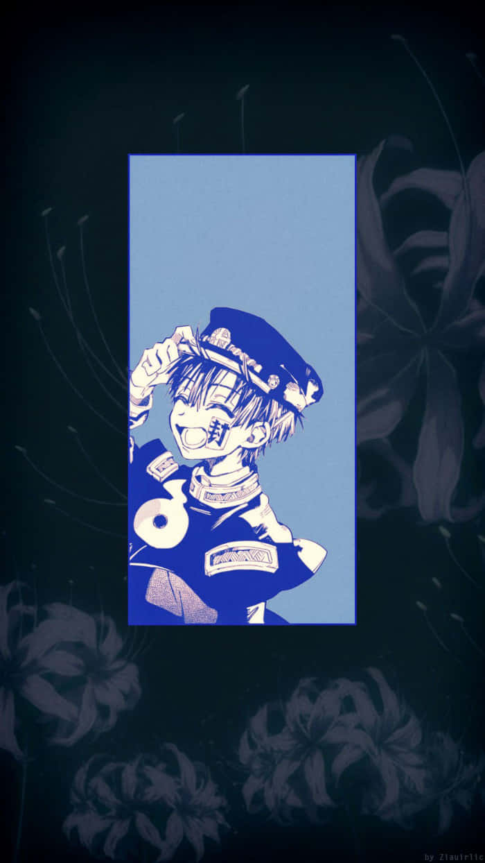 A Blue And White Image Of A Character With Flowers