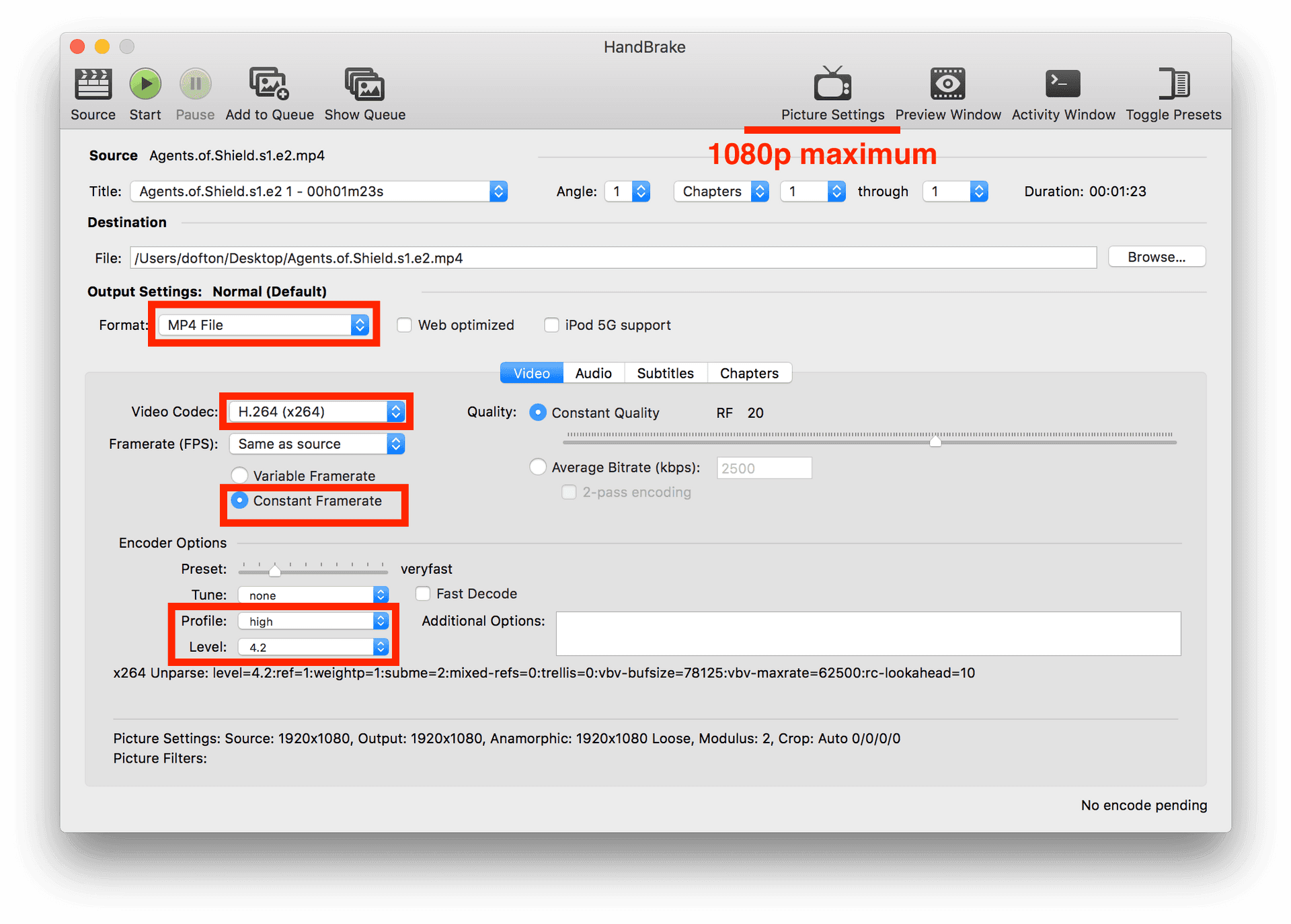 Hand Brake Video Encoding Settings Screenshot PNG