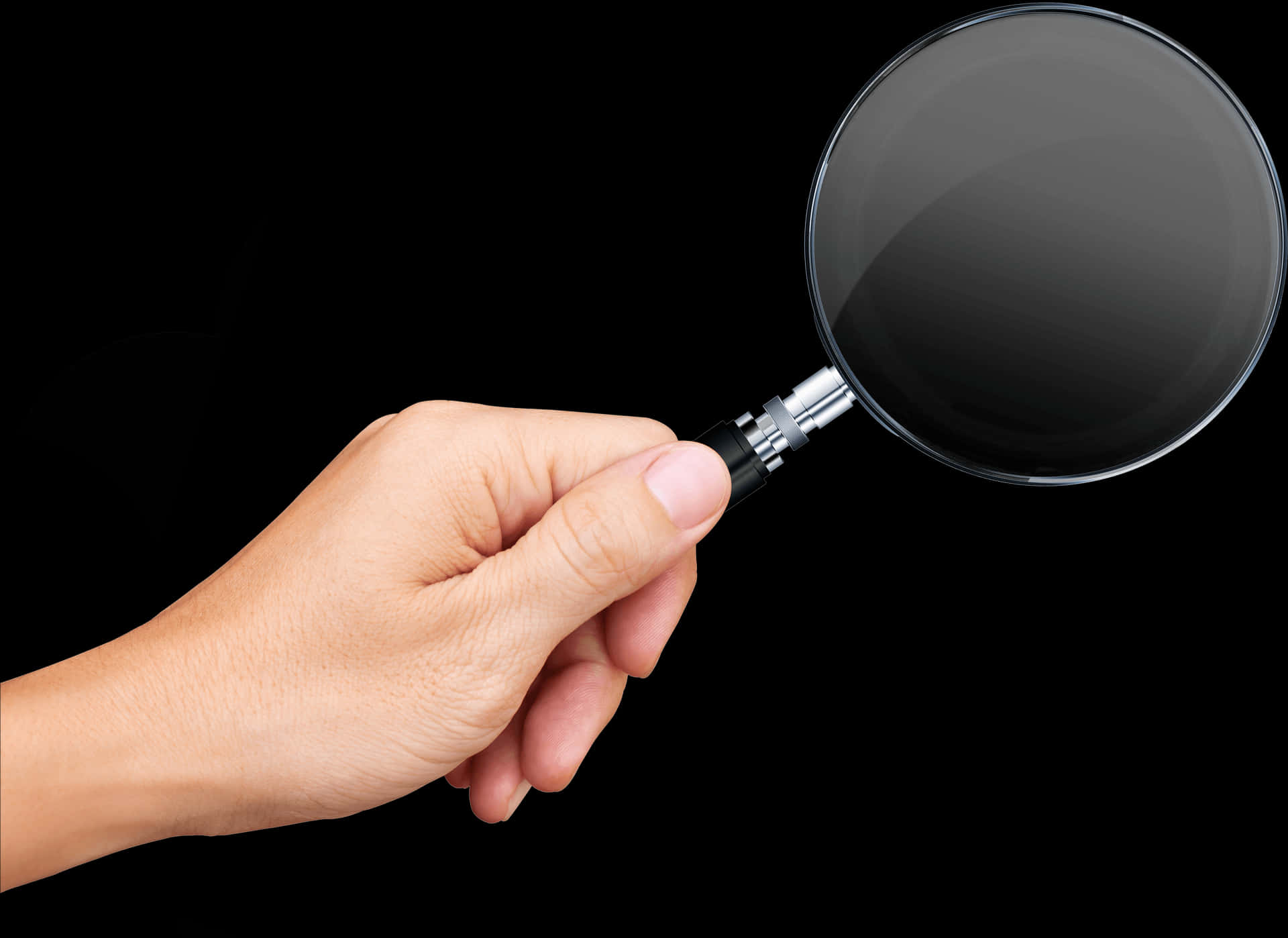 Hand Holding Magnifying Glass Black Background.jpg PNG