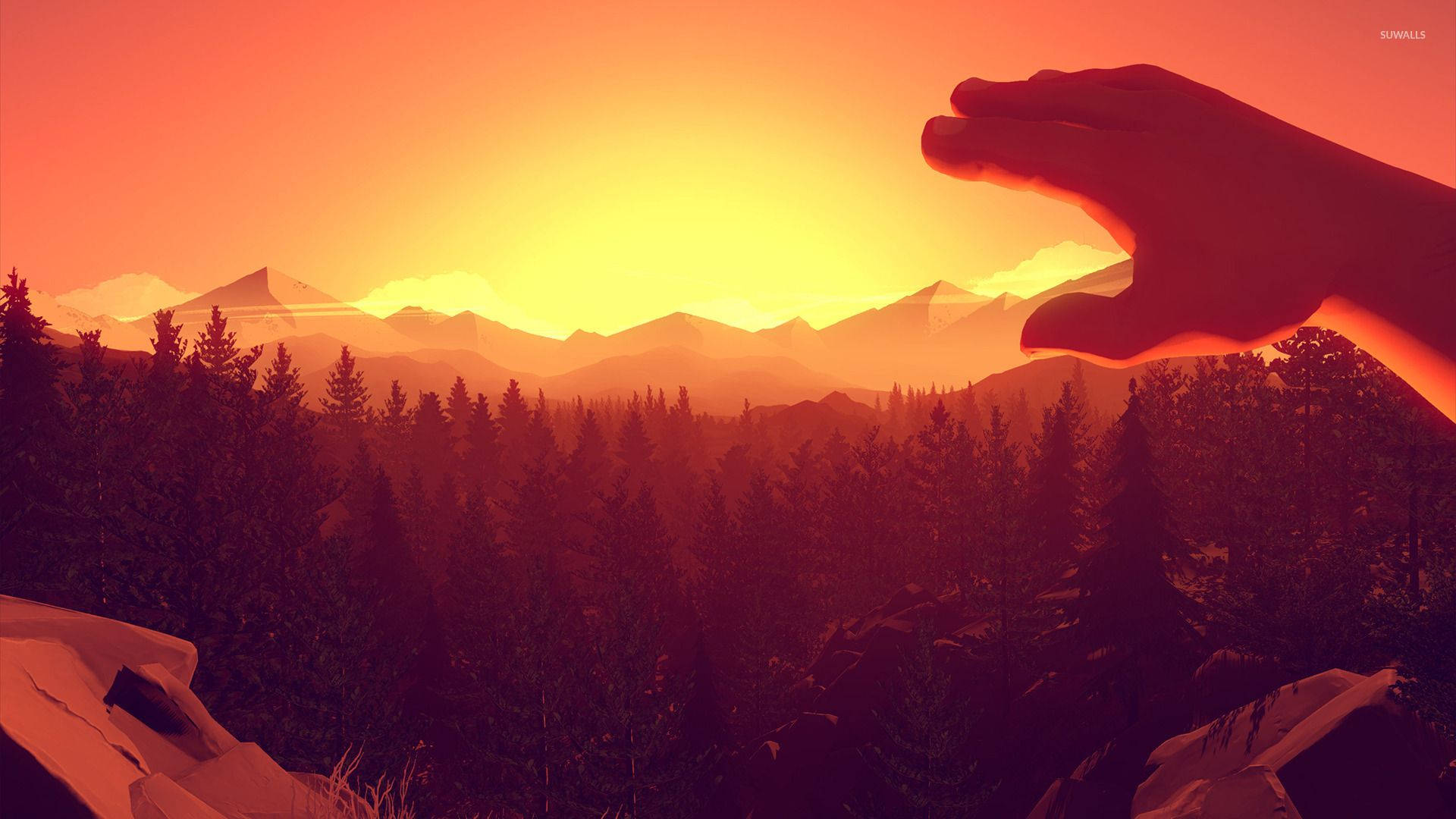 Look at the vibrant sunset over the peaceful Firewatch Forest Wallpaper