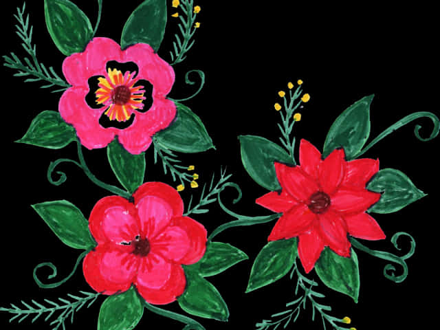 Hand Painted Floral Designon Black Background PNG