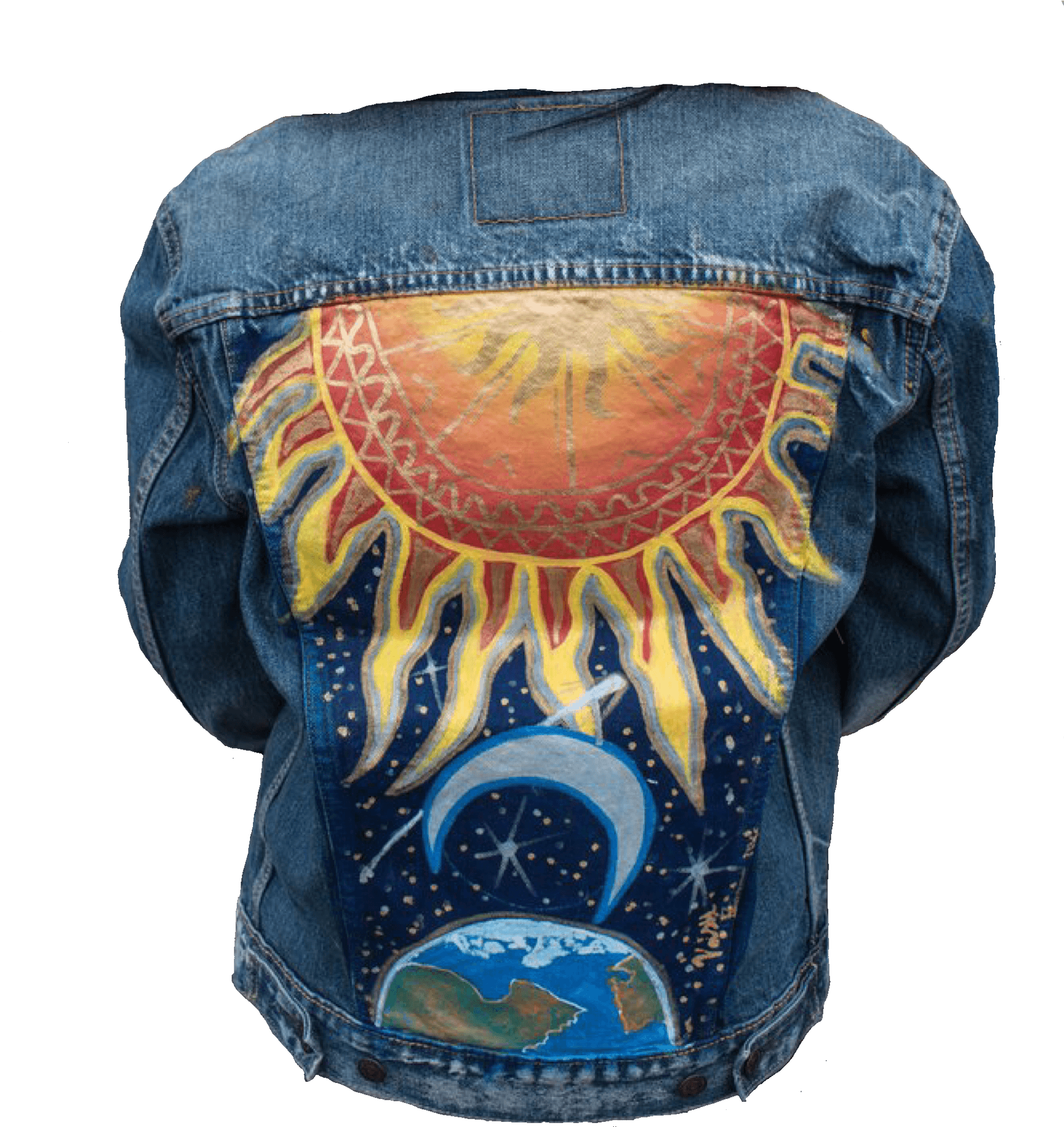 Hand Painted Sun Moon Earth Denim Jacket PNG