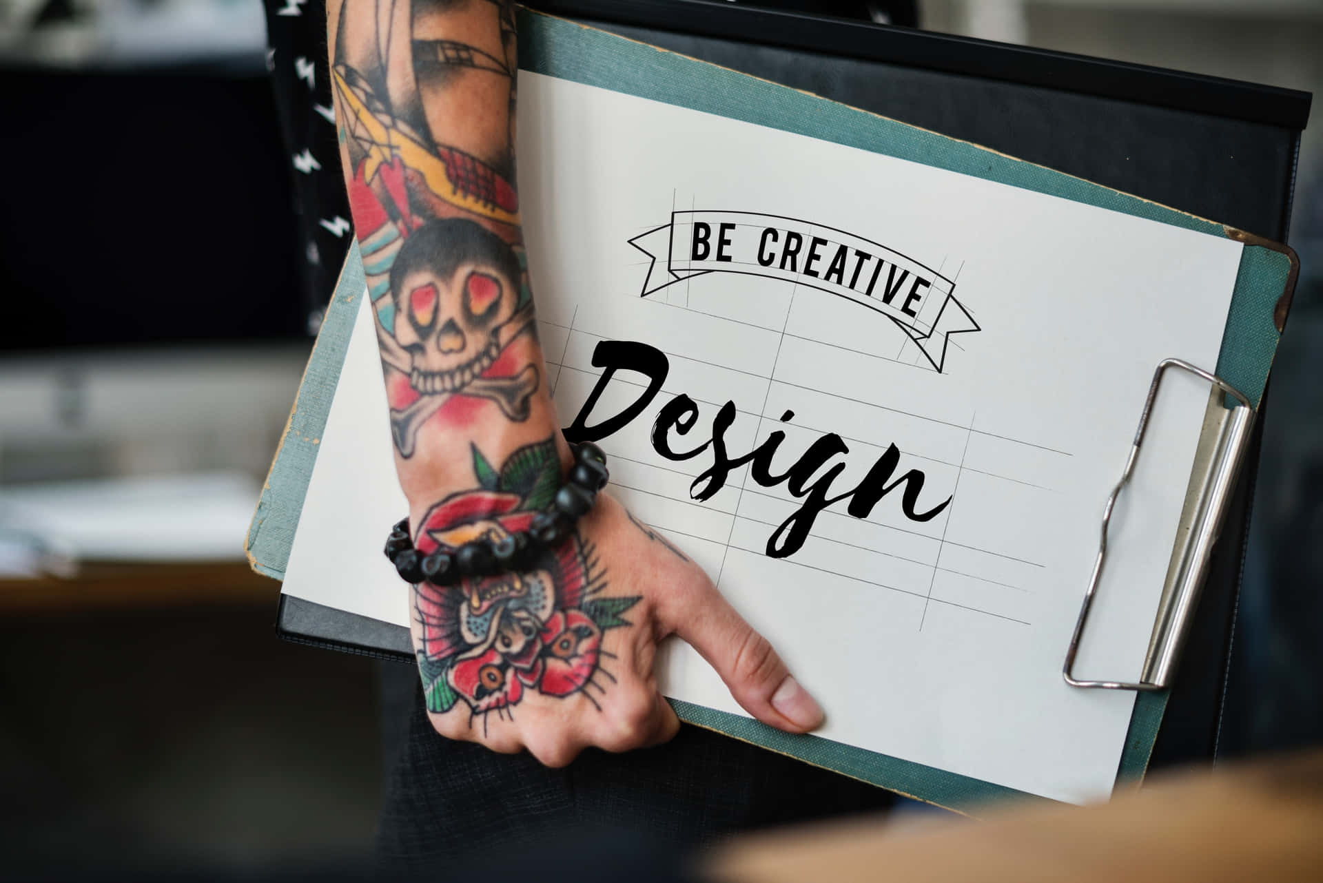 Hand Tattoo With Be Creative Clipboard Design Wallpaper