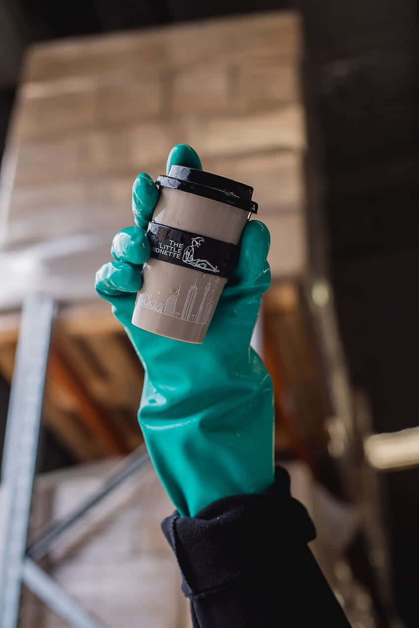 Hand With Green Gloves Holding A Disposable Cup Wallpaper