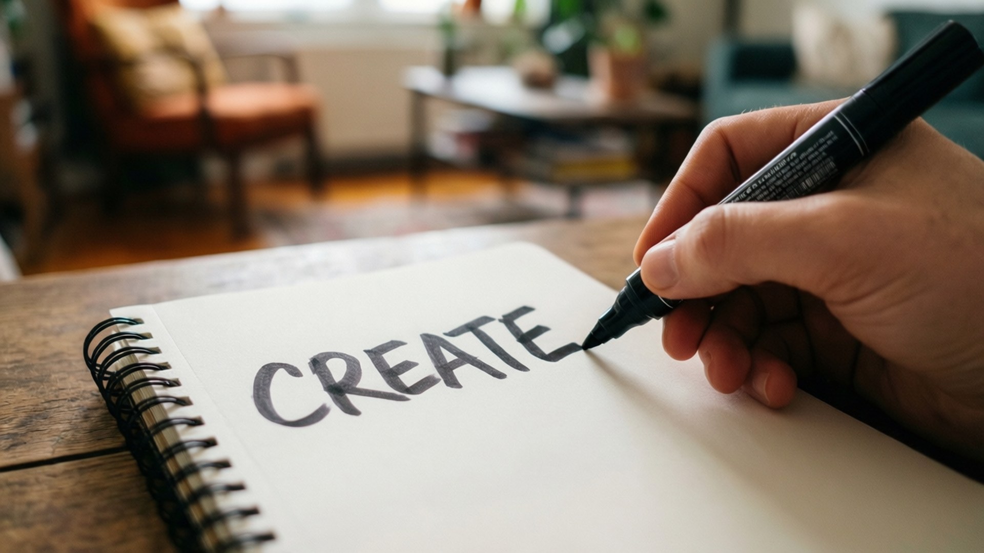 En hand håller en svart penna och skriver 'CREATE' på en anteckningsbok.