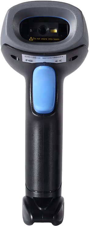 Handheld_ Barcode_ Scanner PNG — A sleek black barcode scanner with a blue trigger button and warning label against a plain white background.