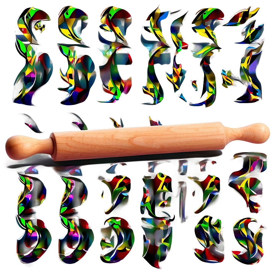 Handled Rolling Pin PNG 79 PNG — A wooden rolling pin rests on a reflective surface surrounded by vibrant abstract colorful letterforms with glowing edges.