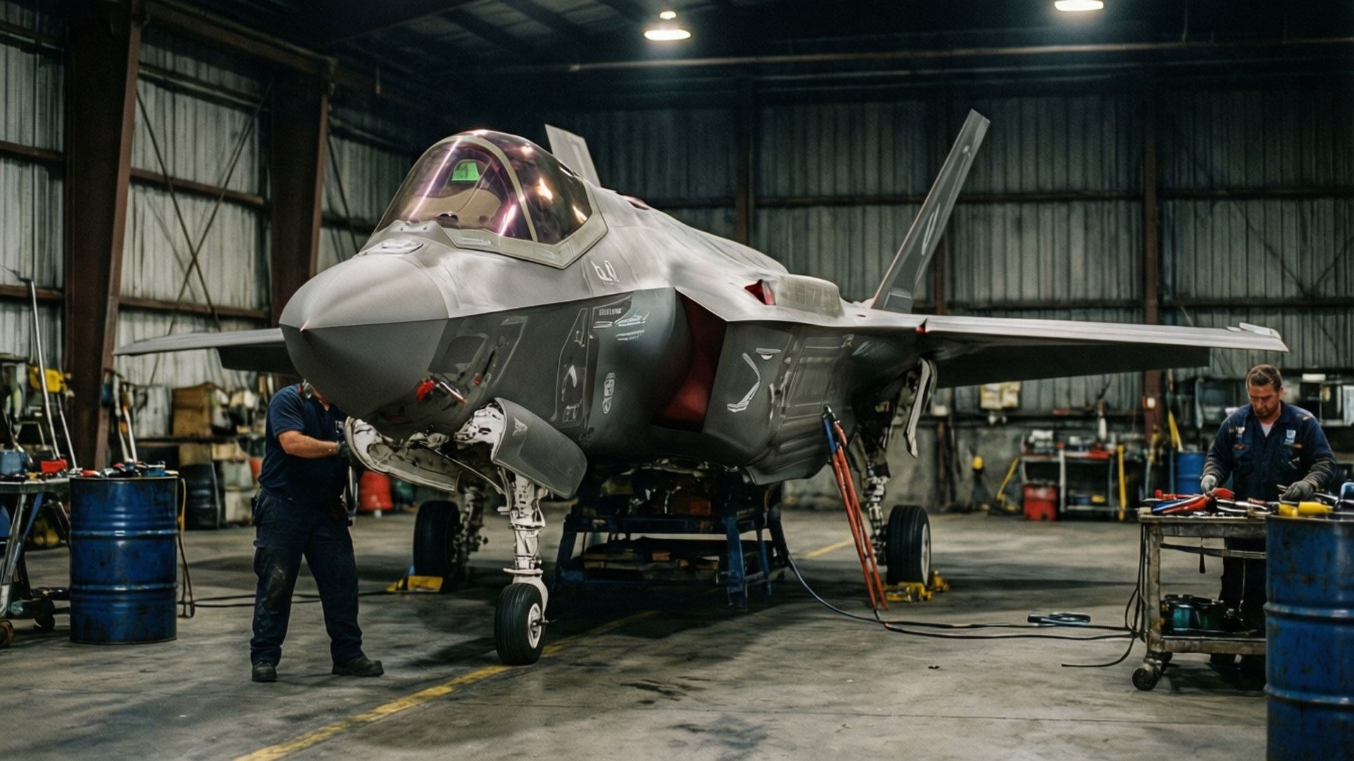 Een F-35 in een hangar met onderhoudspersoneel, ruige industriële look voor achtergrond.