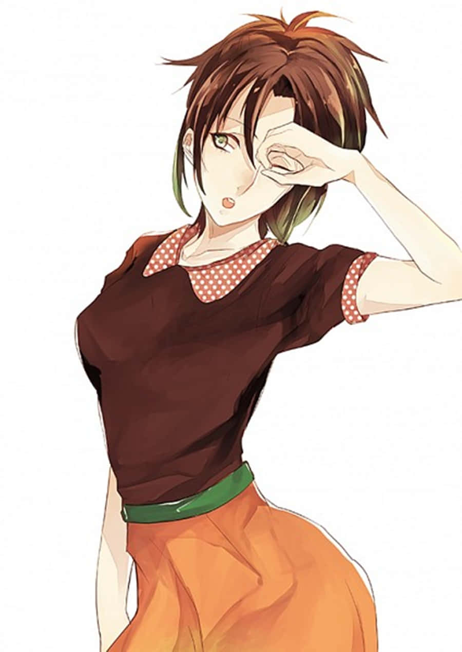 A Girl In An Orange Skirt Is Posing With Her Hands