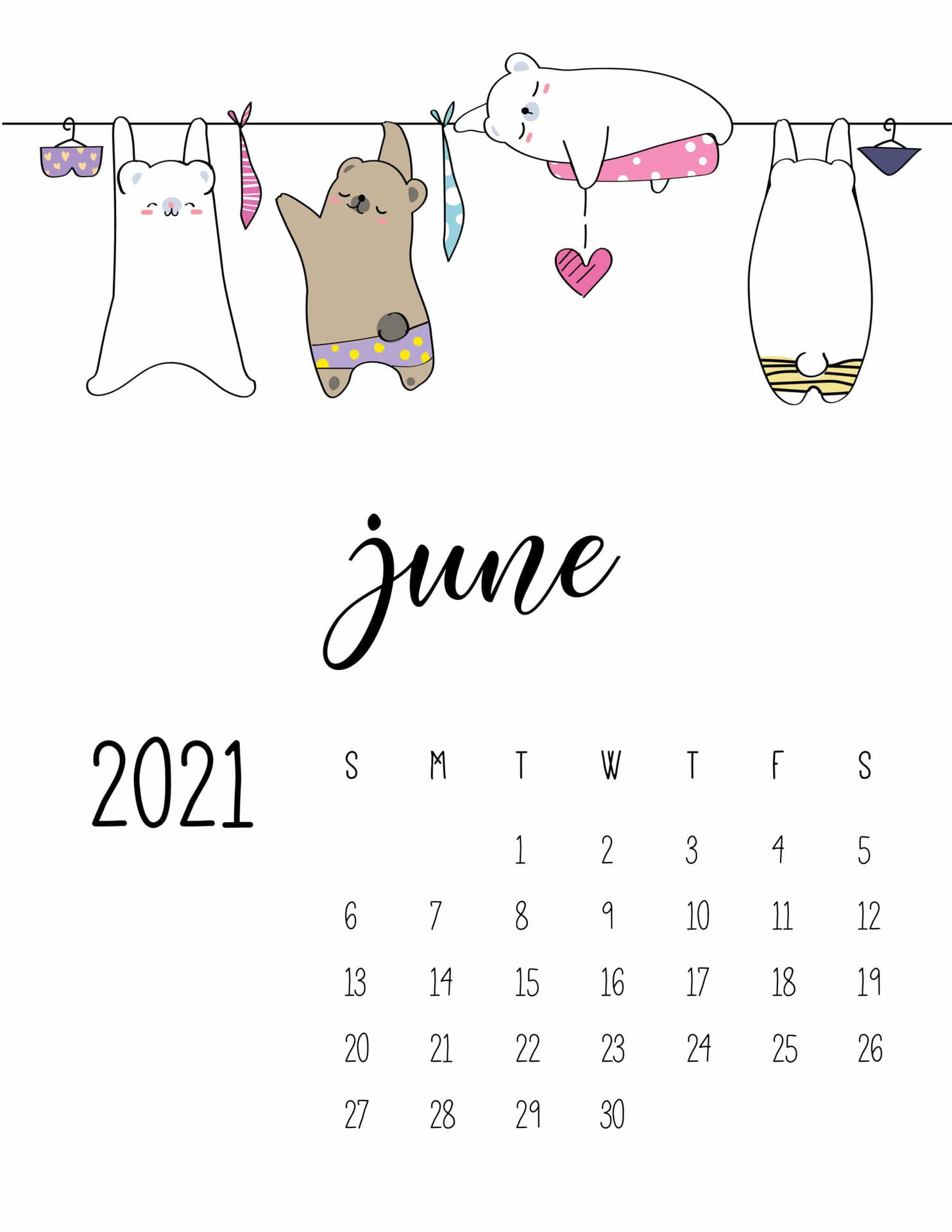 Hanging Bears June Calendar 2021