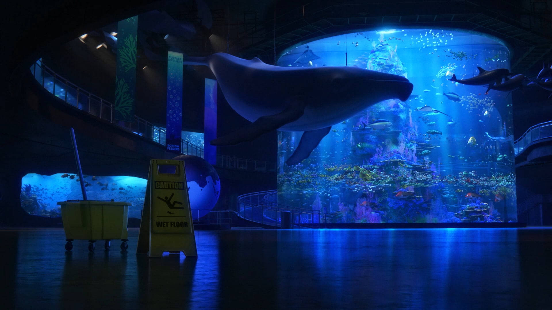Hanging Whale Overlooking An Aquarium Wallpaper