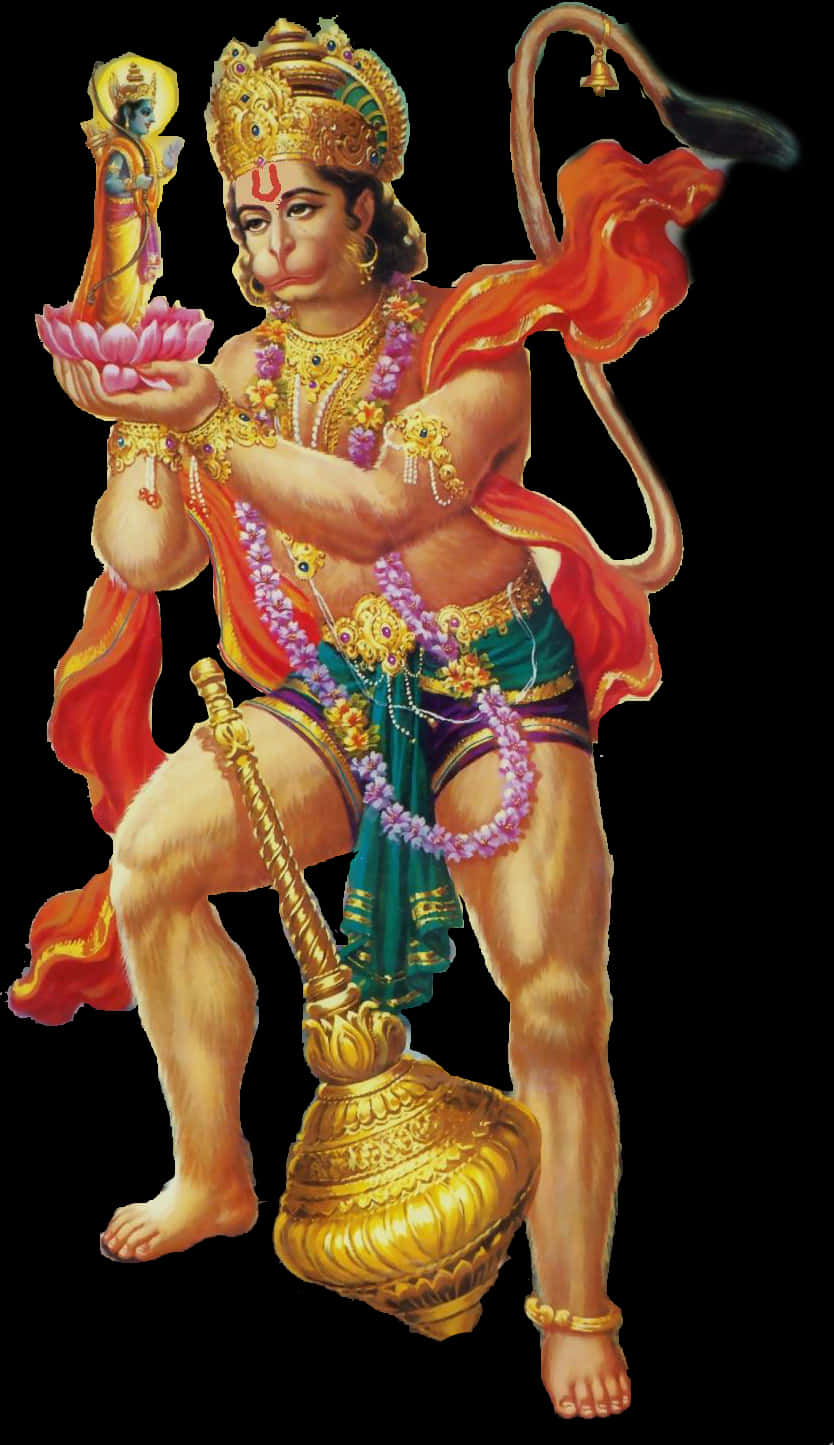 Hanuman Holding Lotusand Mace PNG