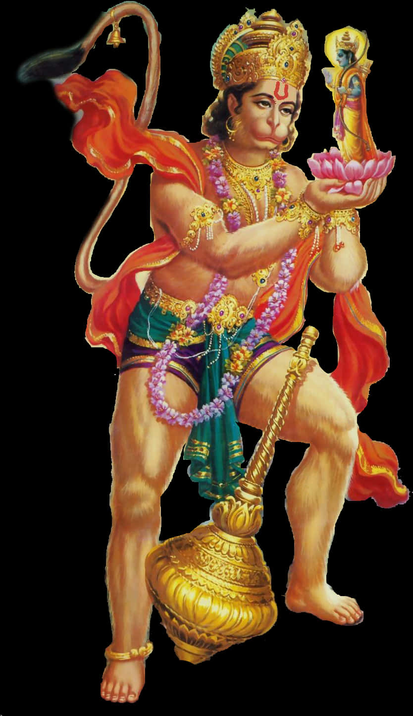 Hanuman Holding Lotusand Mace PNG