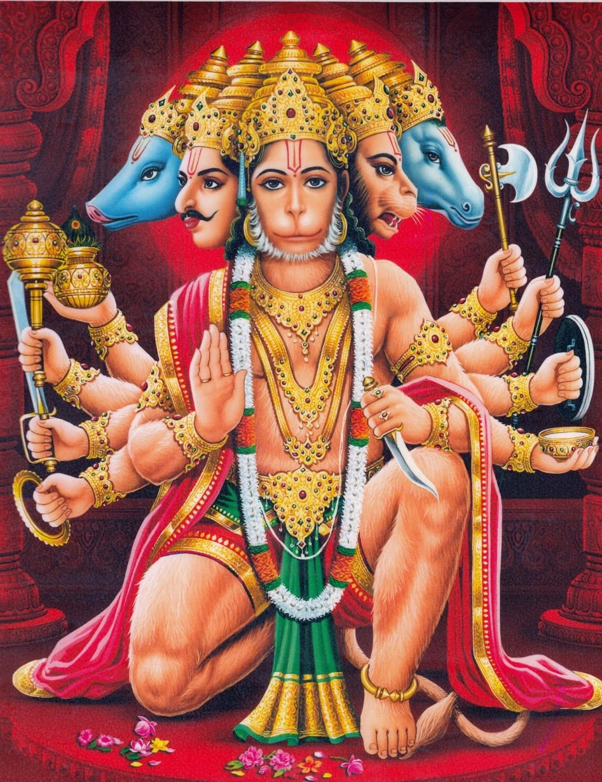 Elegant depiction of multi-faced Lord Hanuman