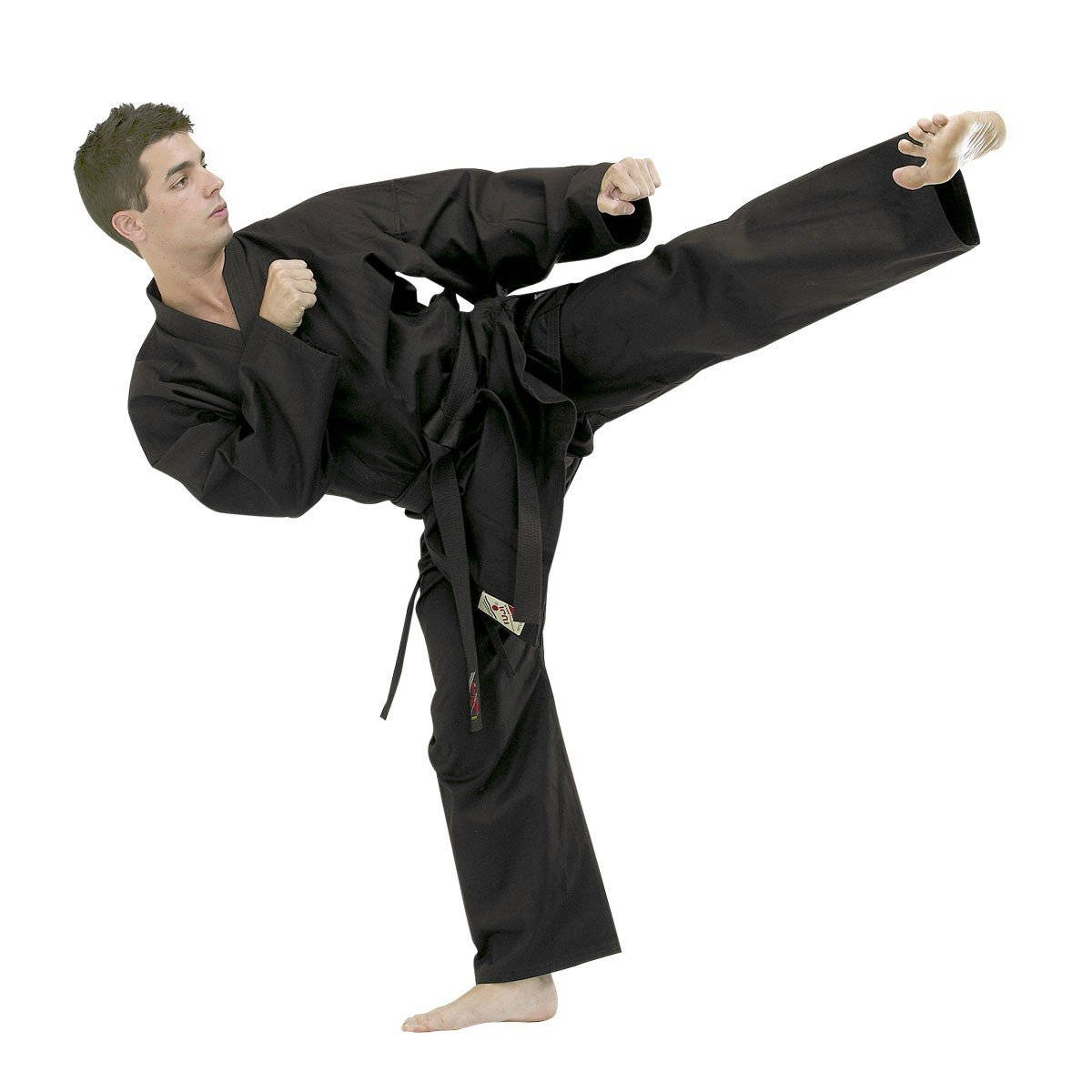 Skillful Hapkido Practitioner Exhibiting Solid Side Kick in Black Uniform Wallpaper