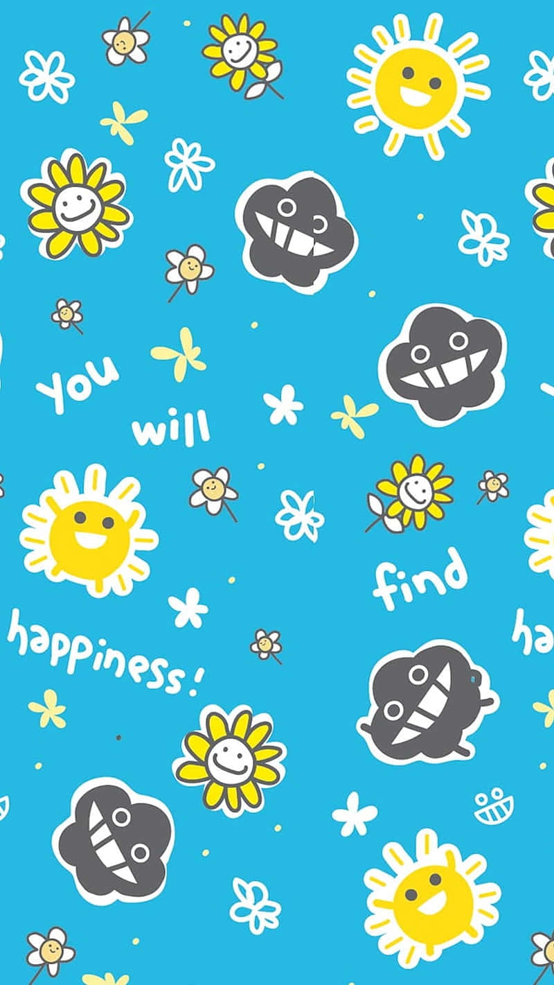 Happiness Mantra Sunflower Pattern Wallpaper
