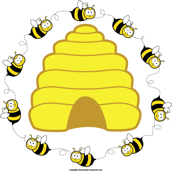 Happy Bees Circling Hive Clipart PNG