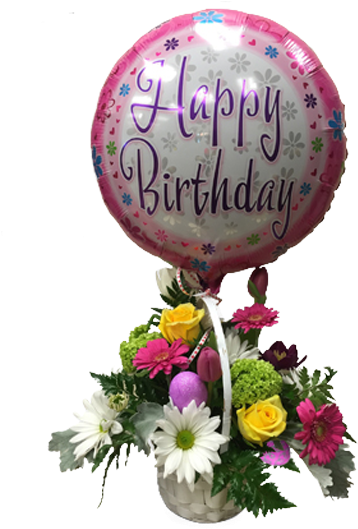 Happy Birthday Balloonand Flower Bouquet PNG