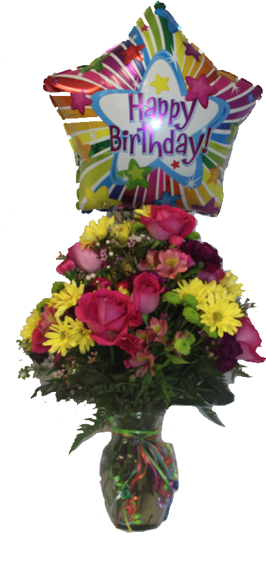 Happy Birthday Balloonand Flower Bouquet PNG