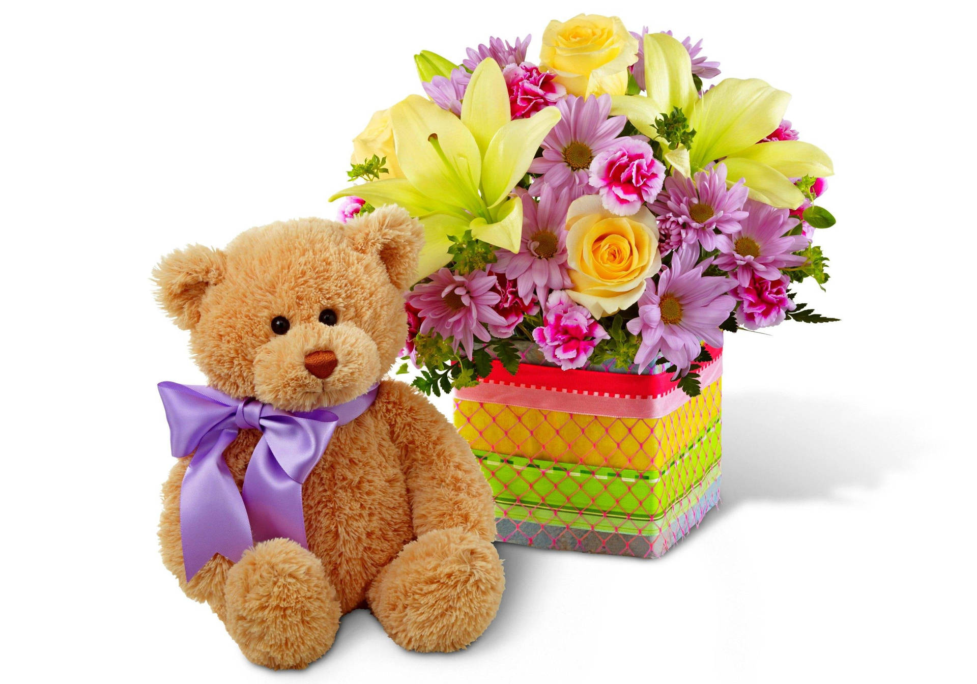 Happy Birthday Flowers And Teddy Bear Wallpaper