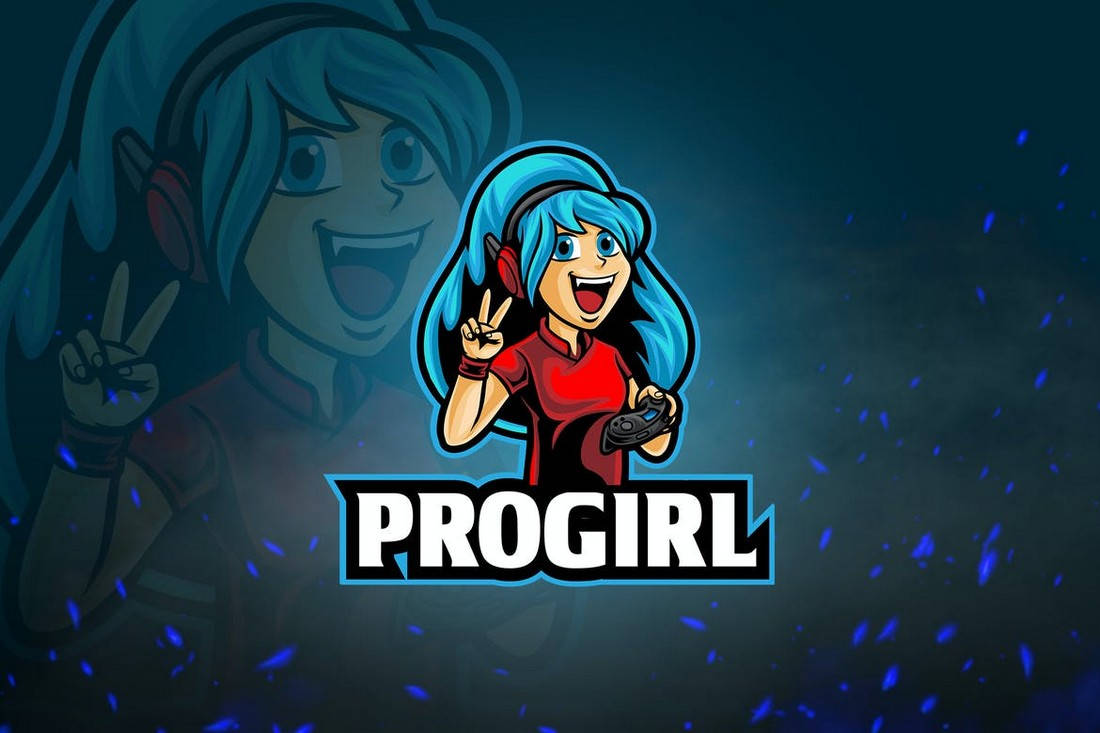 Happy Blue-haired Girl Gamer Logo