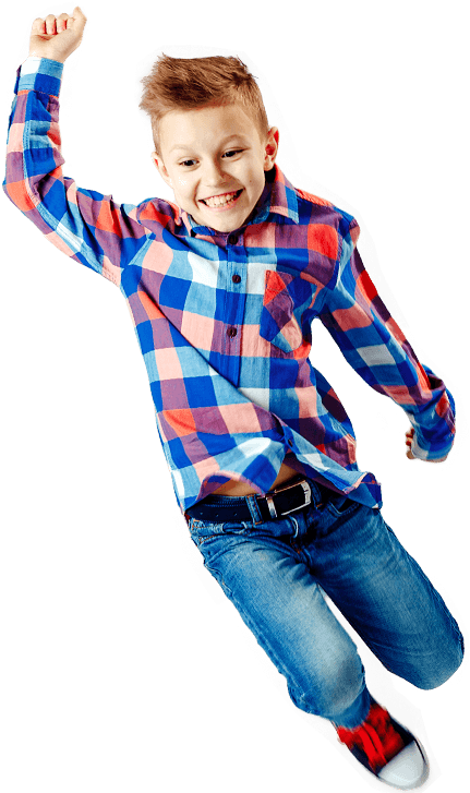 Happy Boy Jumping In Plaid Shirt PNG