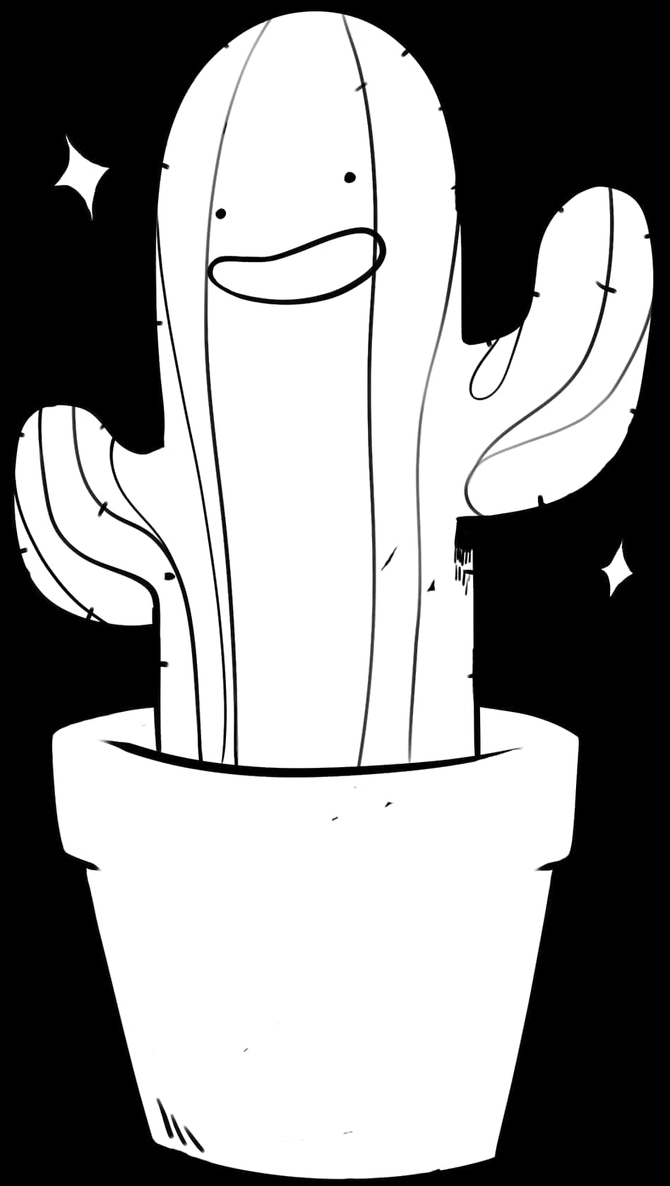 Happy Cactus Cartoon Blackand White PNG
