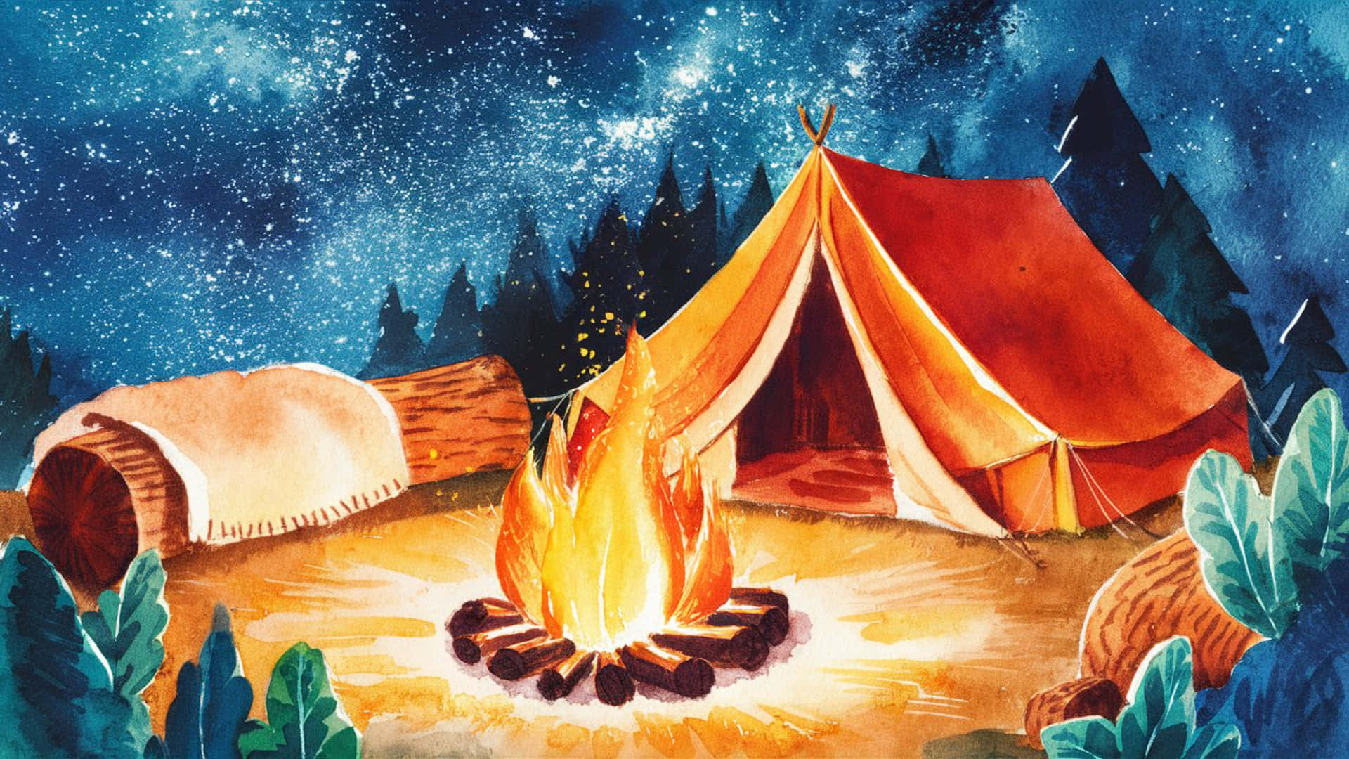 Happy Camping Adventure Night Background Wallpaper