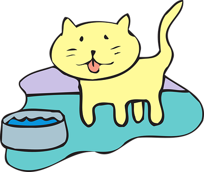 Happy Cartoon Cat With Food Bowl PNG