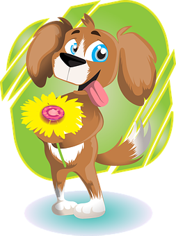 Happy Cartoon Dog Holding Flower PNG