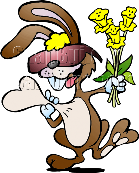 Happy Cartoon Rabbitwith Flowers PNG