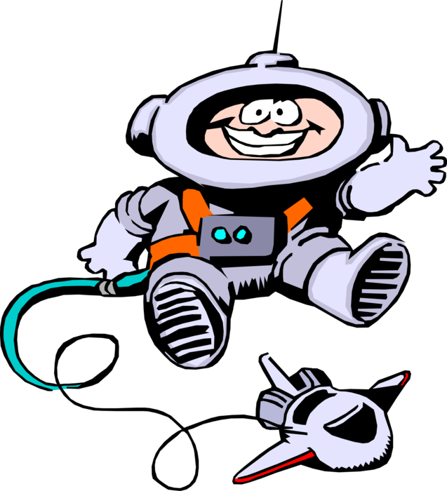 Happy Cartoon Spaceman Floating With Spaceship PNG
