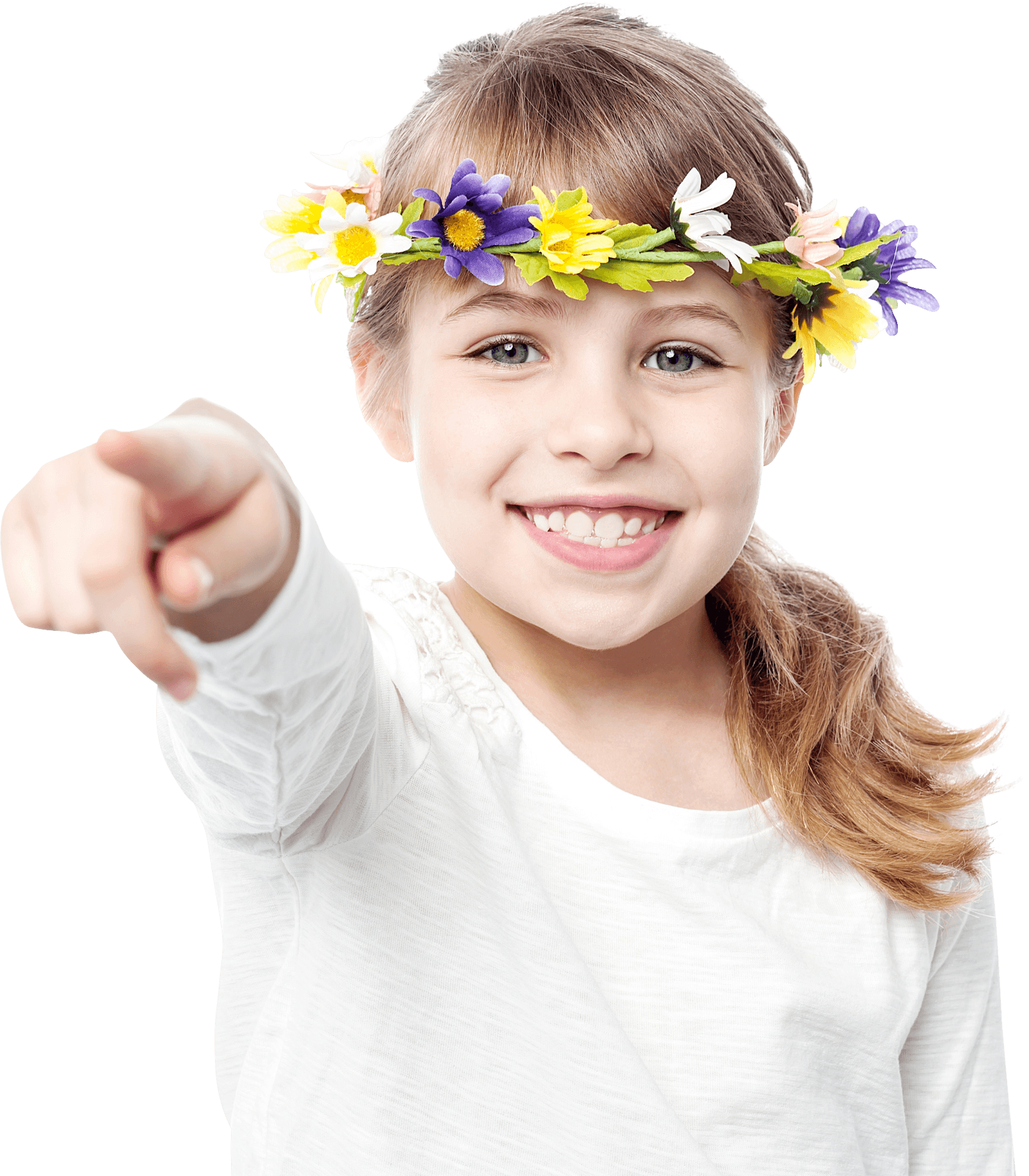 Happy Child Pointing With Flower Crown PNG