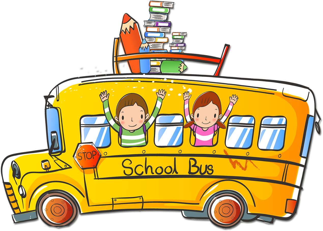 Happy Children Riding School Bus Cartoon PNG