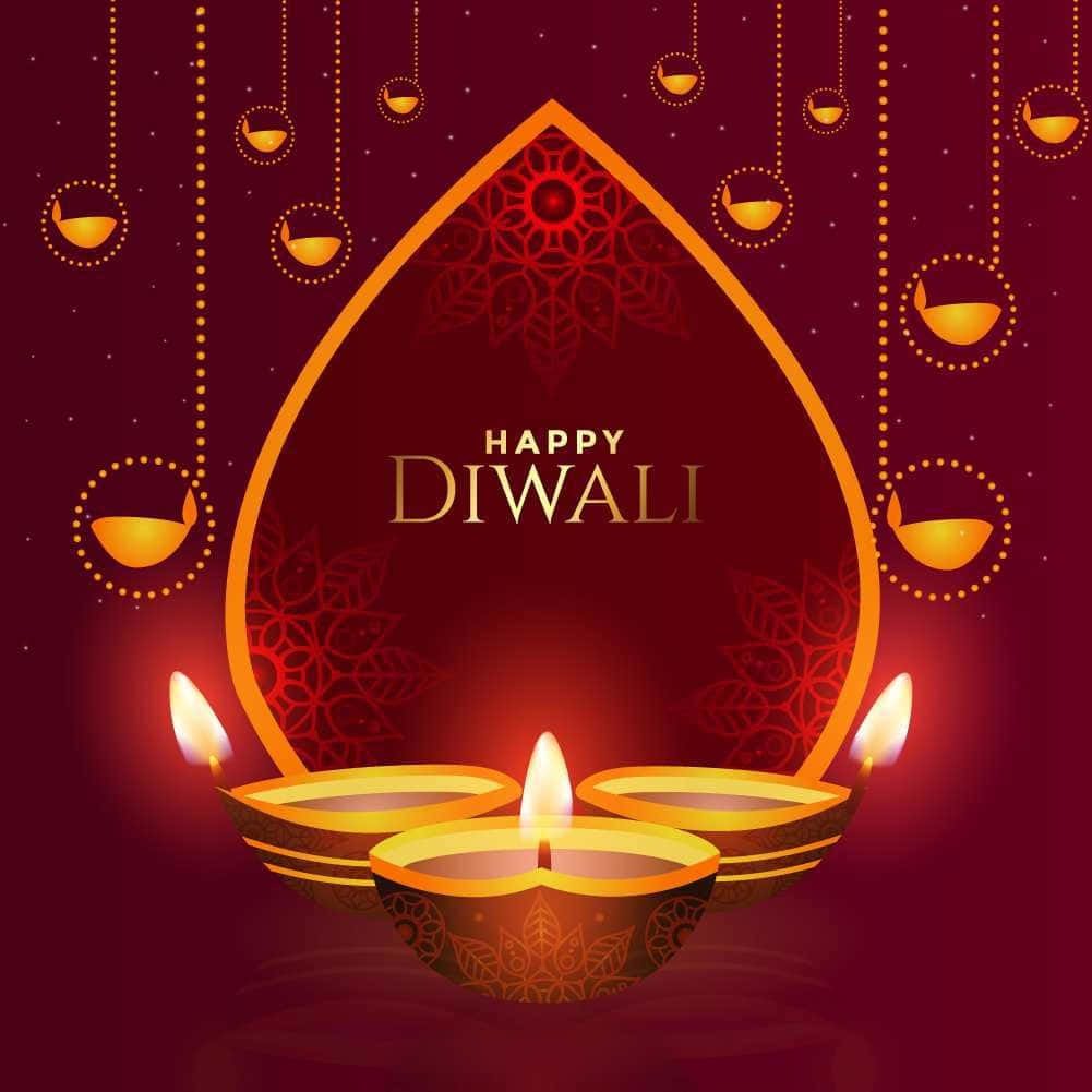 Happy Diwali With Candles And Lanterns On A Red Background