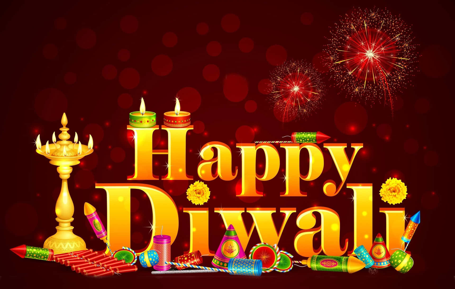 Happy Diwali Greetings With Fireworks And Candles