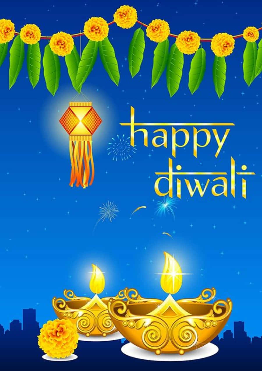 Happy Diwali Greetings With Golden Lanterns And Flowers