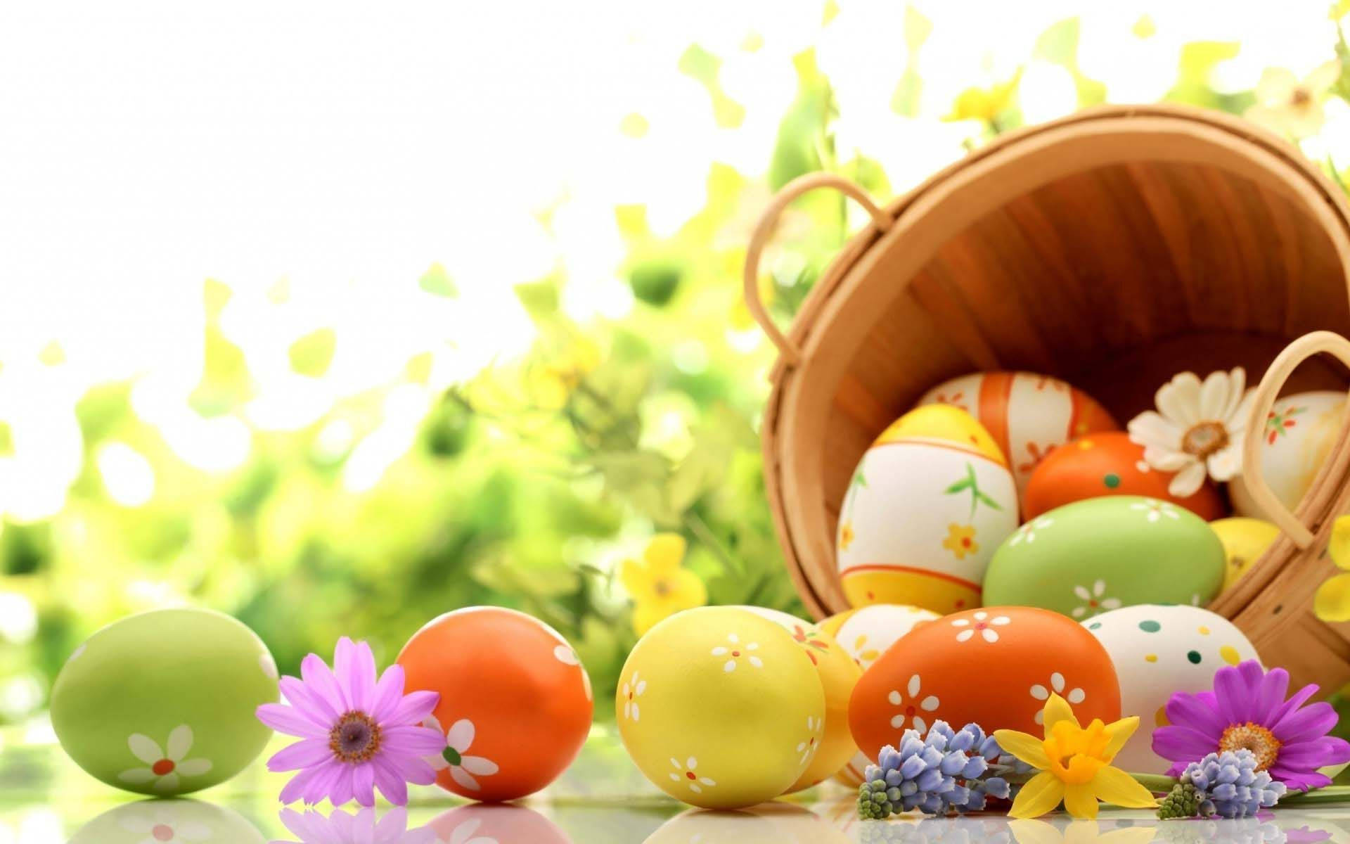 Happy Easter Basket Rolling With Colorful Eggs Wallpaper