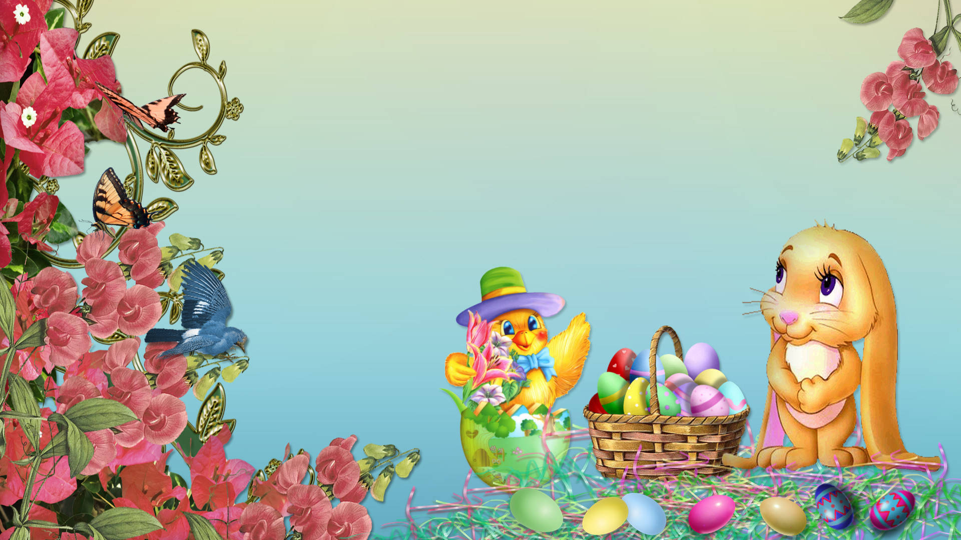 Happy Easter Bunny And Chicks Cartoon With Eggs Wallpaper