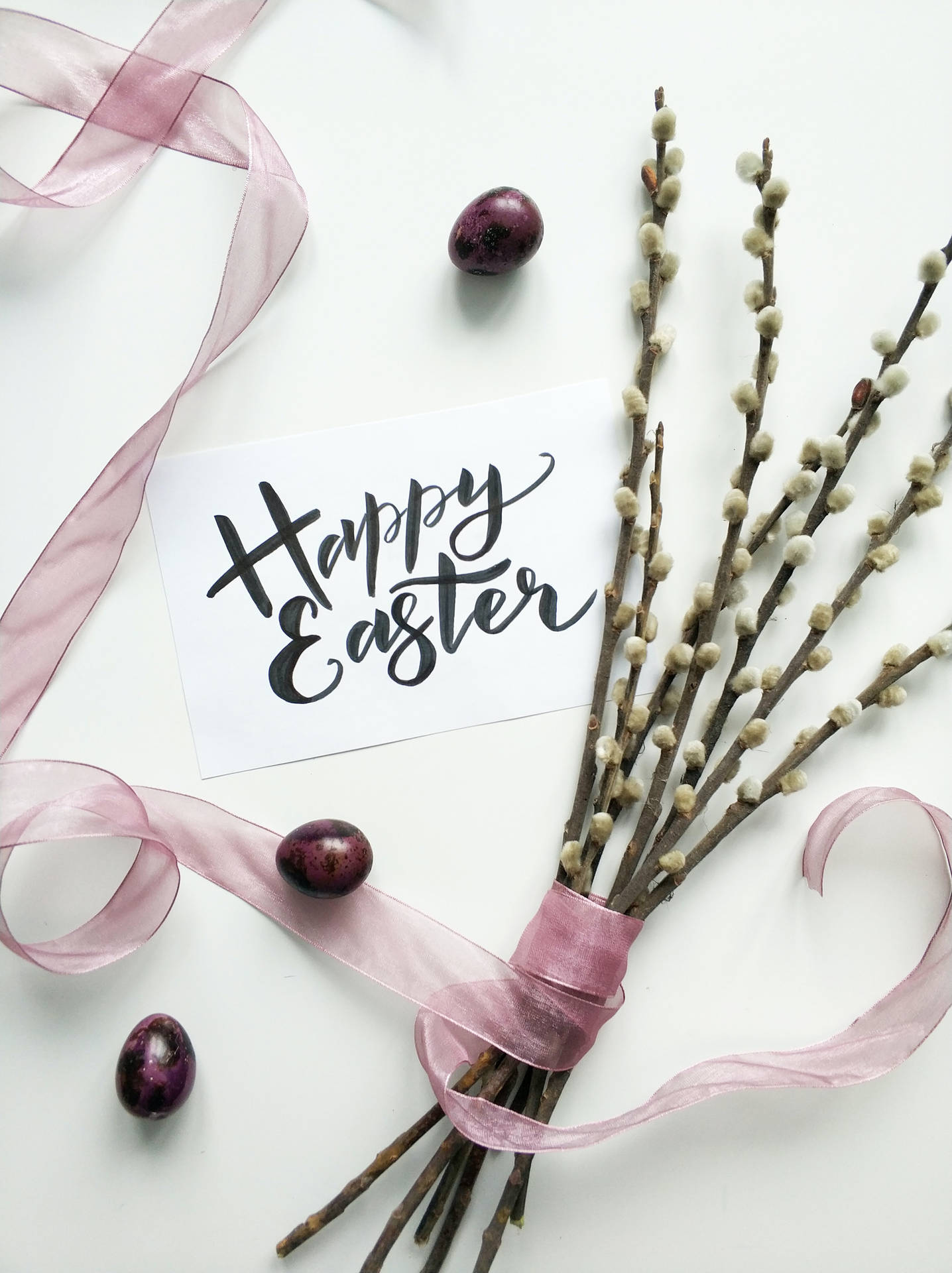 Happy Easter Calligraphy Flat Lay With Willow Twigs Wallpaper