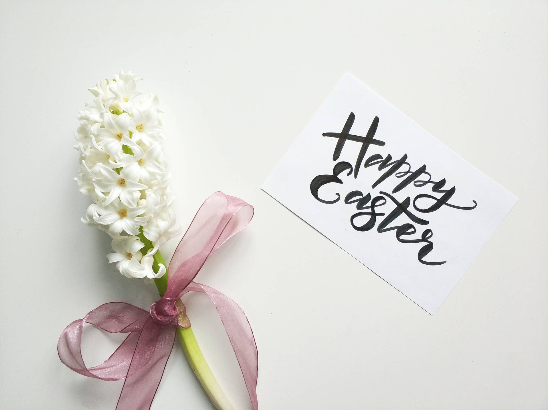 Happy Easter Card Greeting Flat Lay With Hyacinth Wallpaper