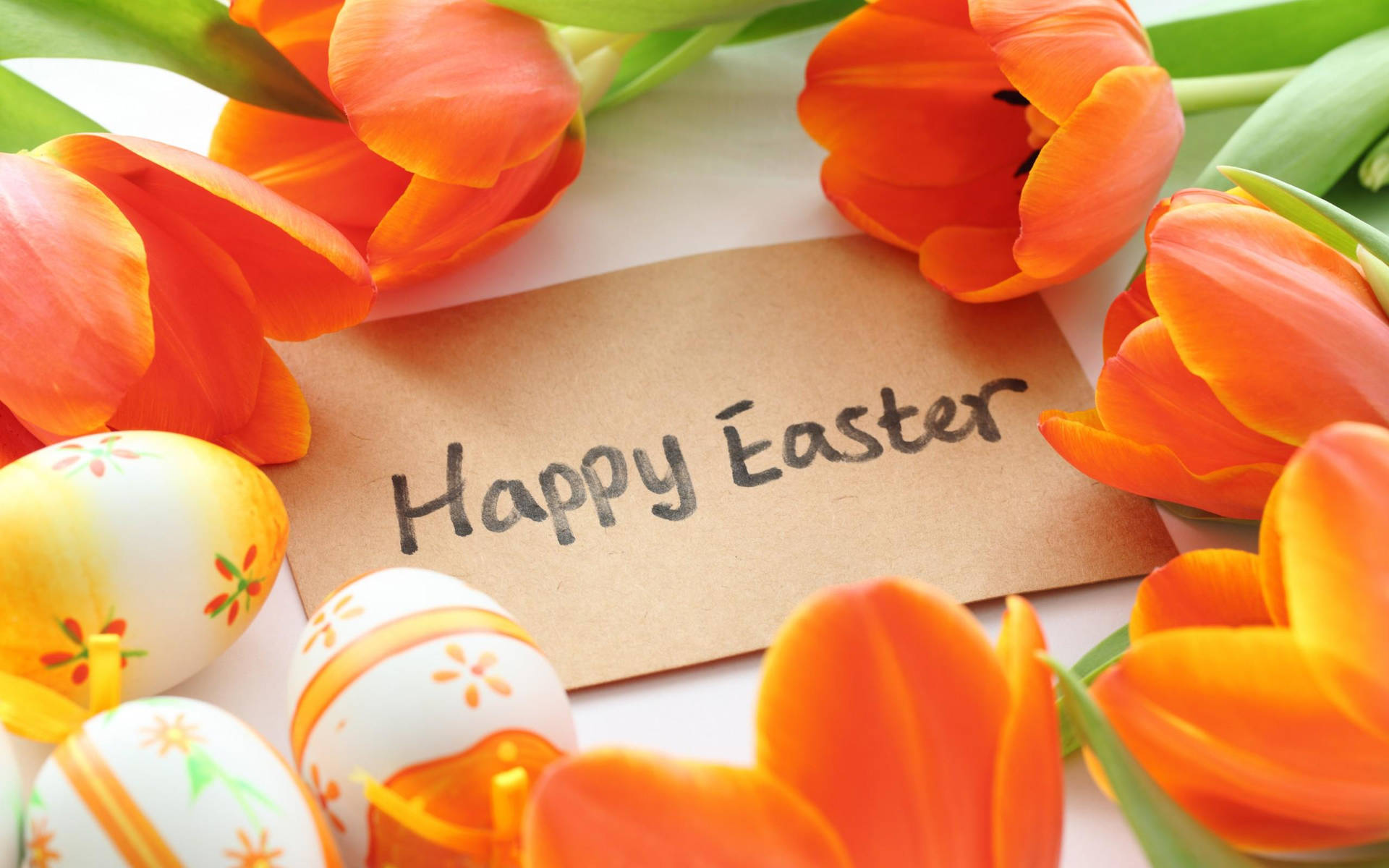 Happy Easter Greeting Card With Orange Tulips Wallpaper
