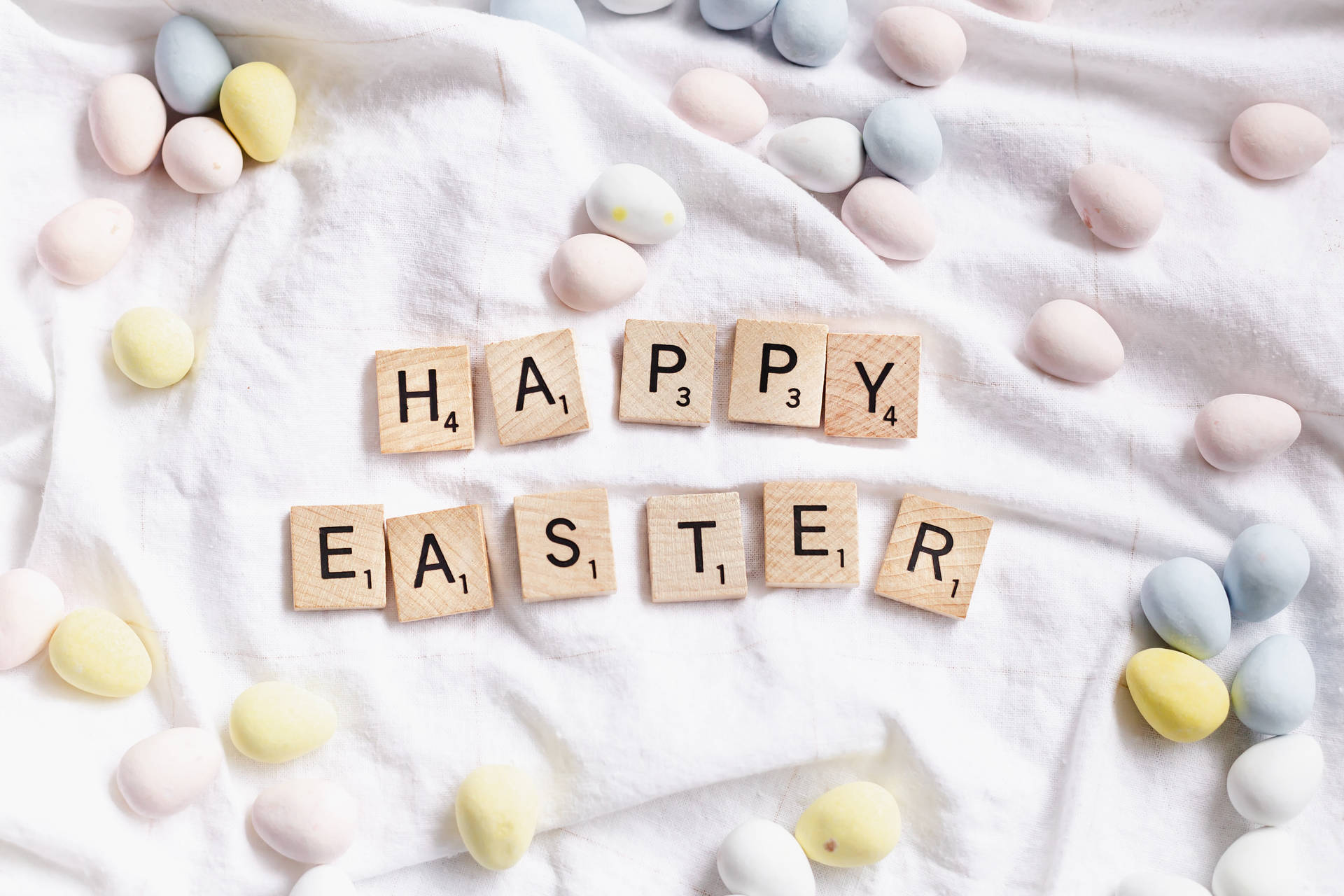 Happy Easter Scrabble Tiles Pastel Eggs Wallpaper