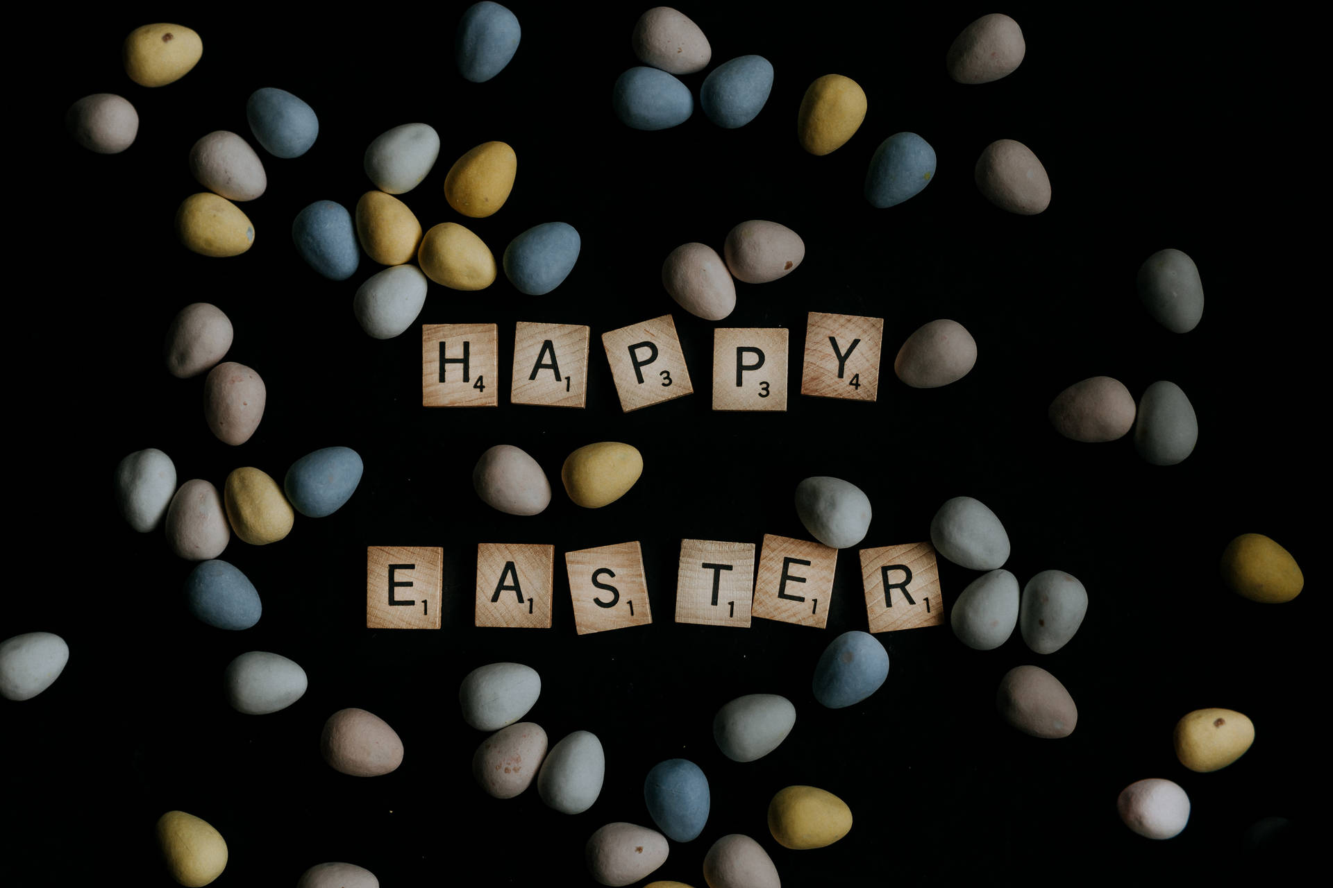 Happy Easter Scrabble Tiles Yellow And Blue Eggs Wallpaper