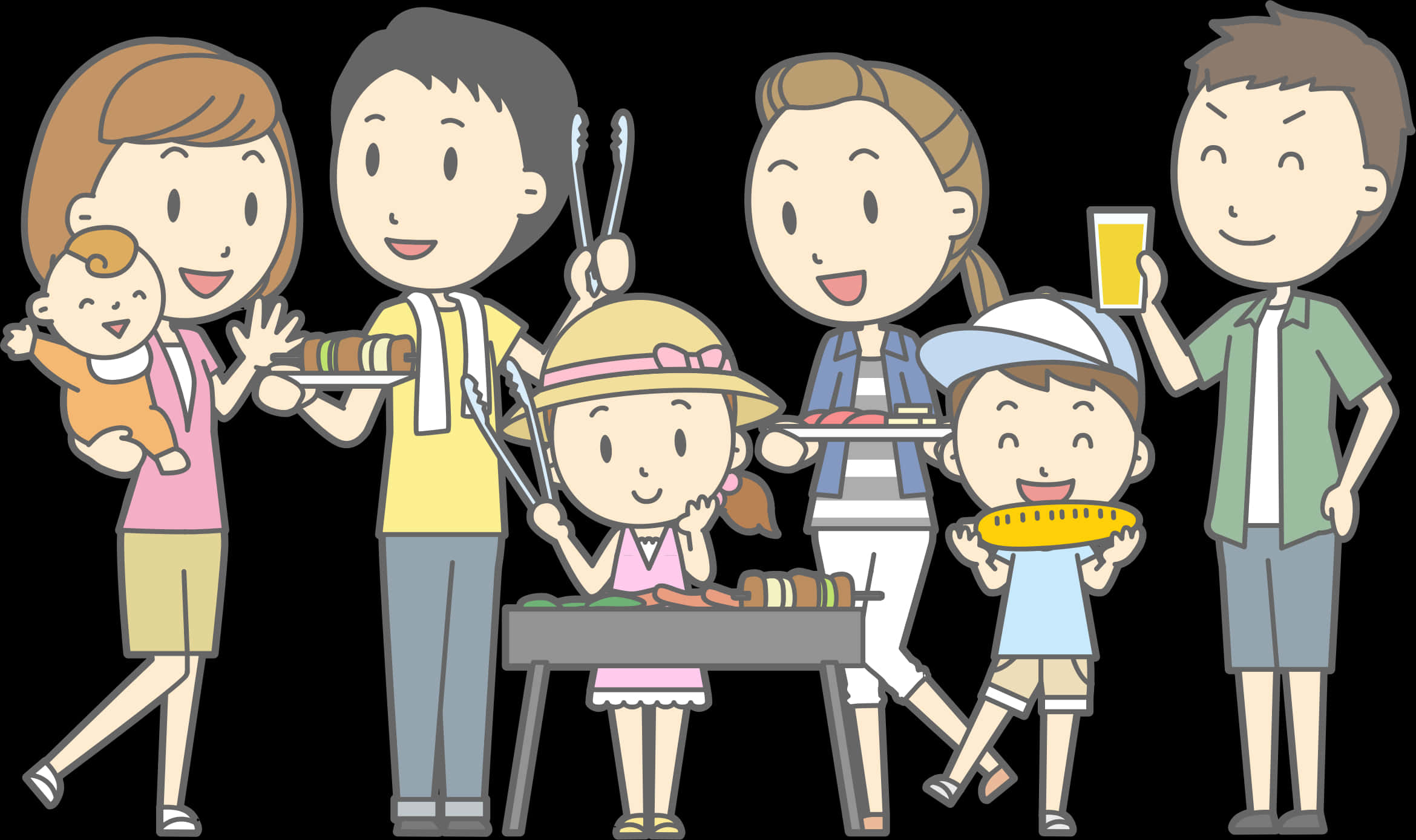 Happy Family Barbecue Cartoon PNG