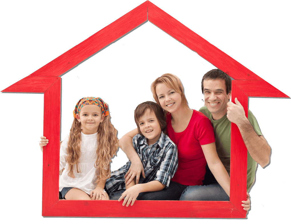 Happy Family In Red House Frame PNG