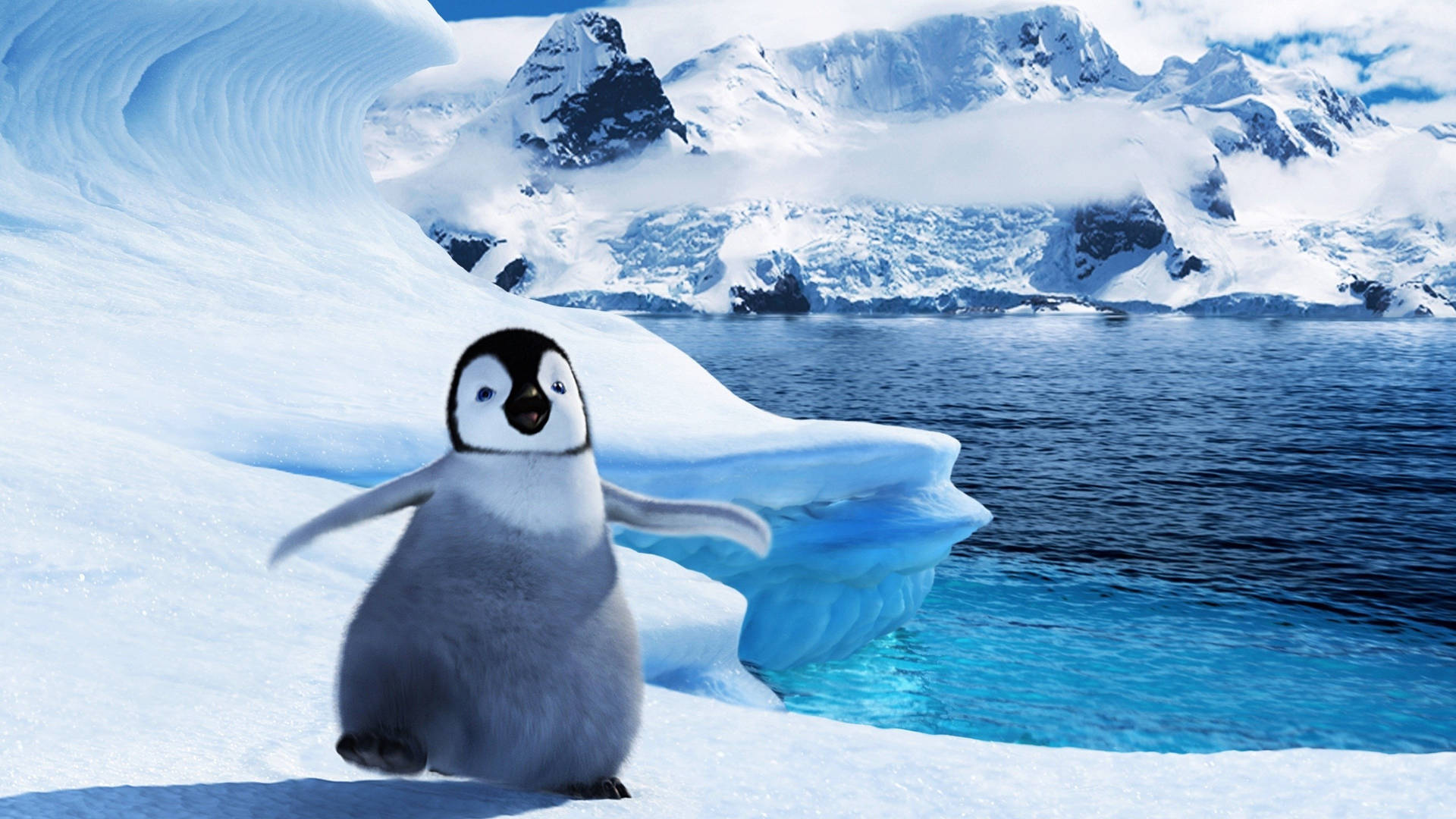 A Penguin Is Standing On An Iceberg In Front Of A Lake Wallpaper